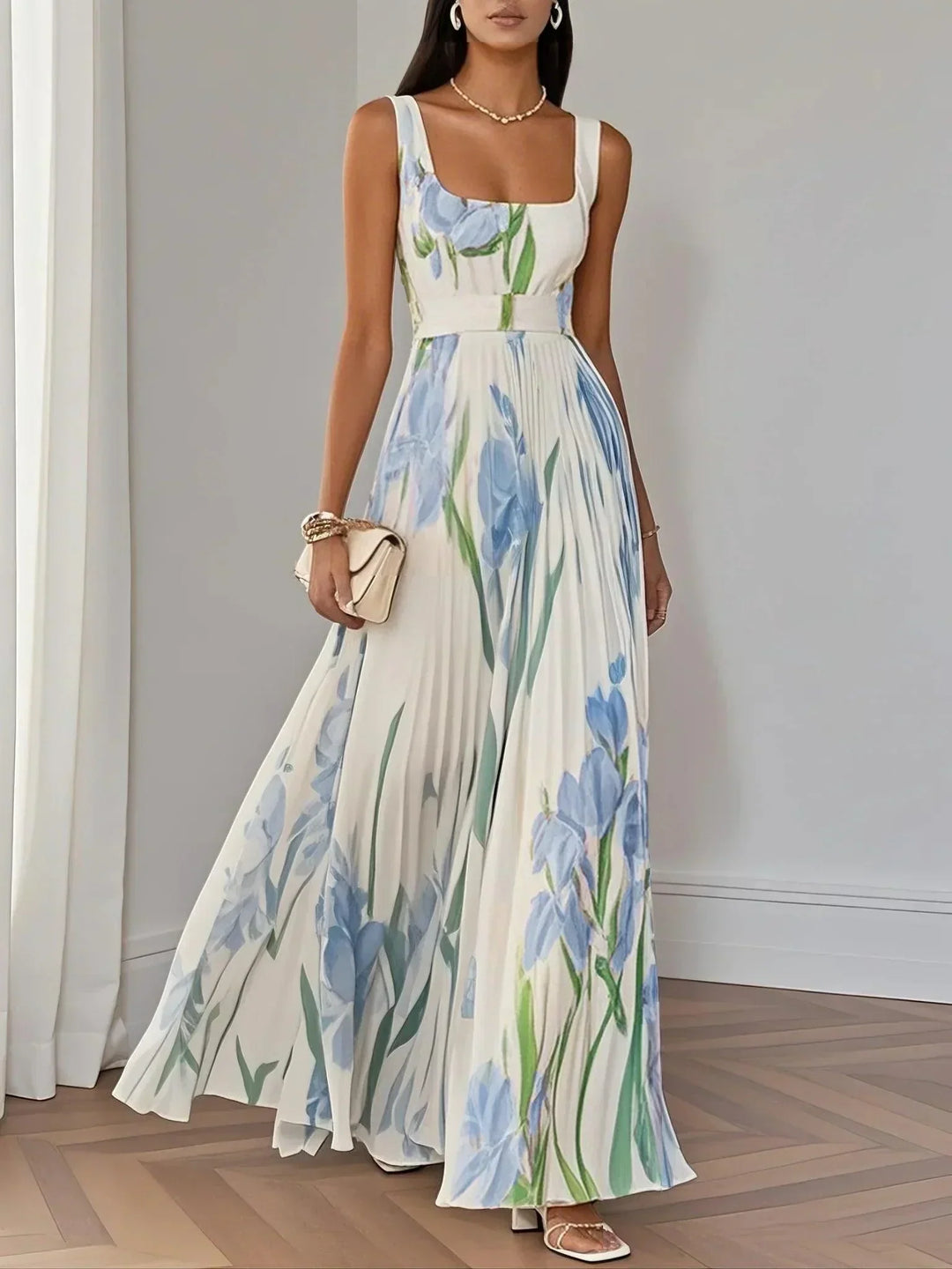 Marie | Robe Maxi Chiffon Florale Plissée Blanche