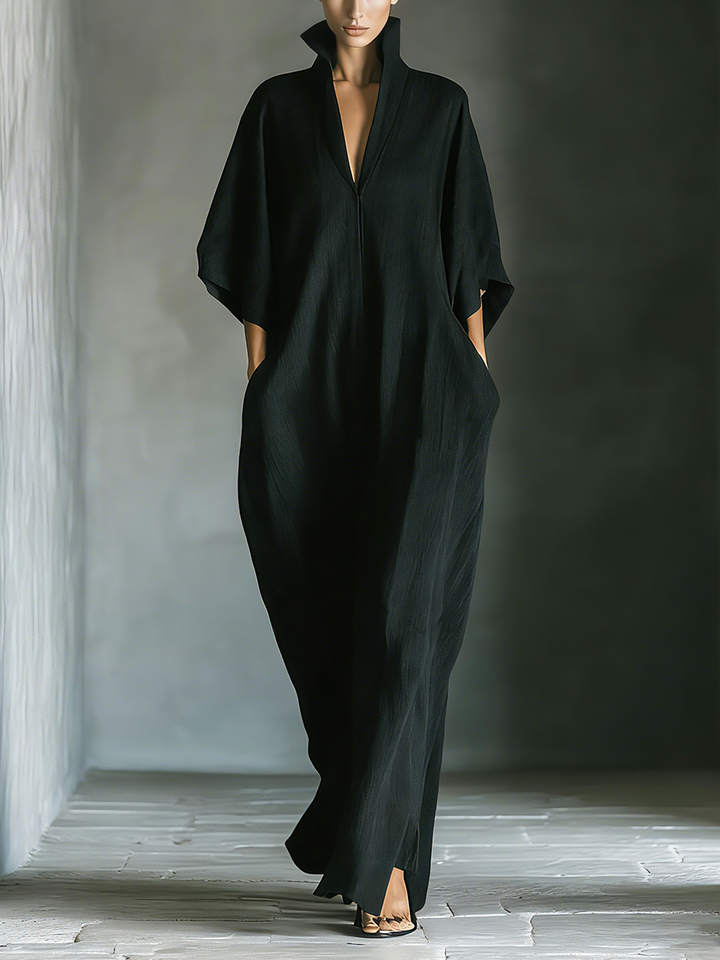 Costanza | Maxi Robe Noire à Manches Kimono et Décolleté en V