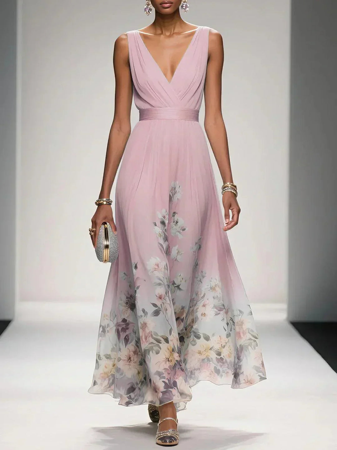 Rosa | Robe Maxi en Chiffon avec Fleurs Bleu Clair et Décolleté en V