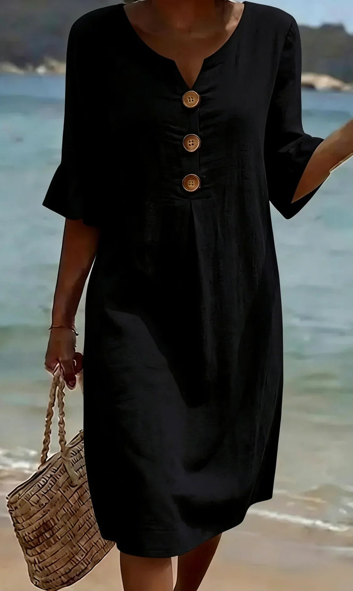 Vanesa™ | Robe en lin texturé à manches bouffantes et boutons