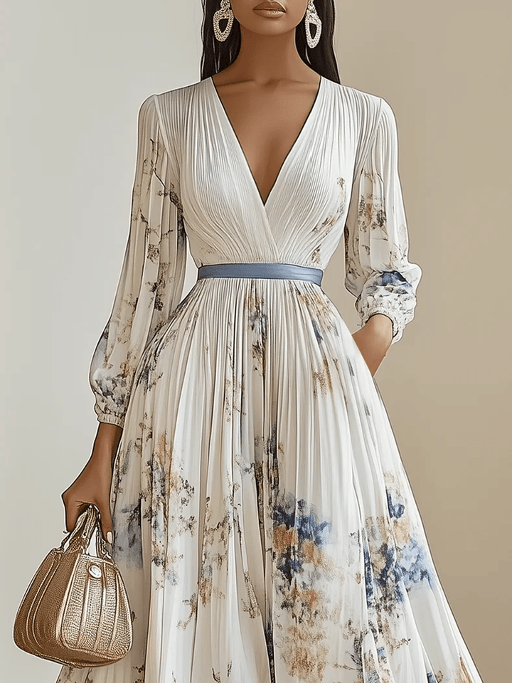 Amalia | Robe Maxi en Chiffon Floral Blanc avec Manches Volumineuses