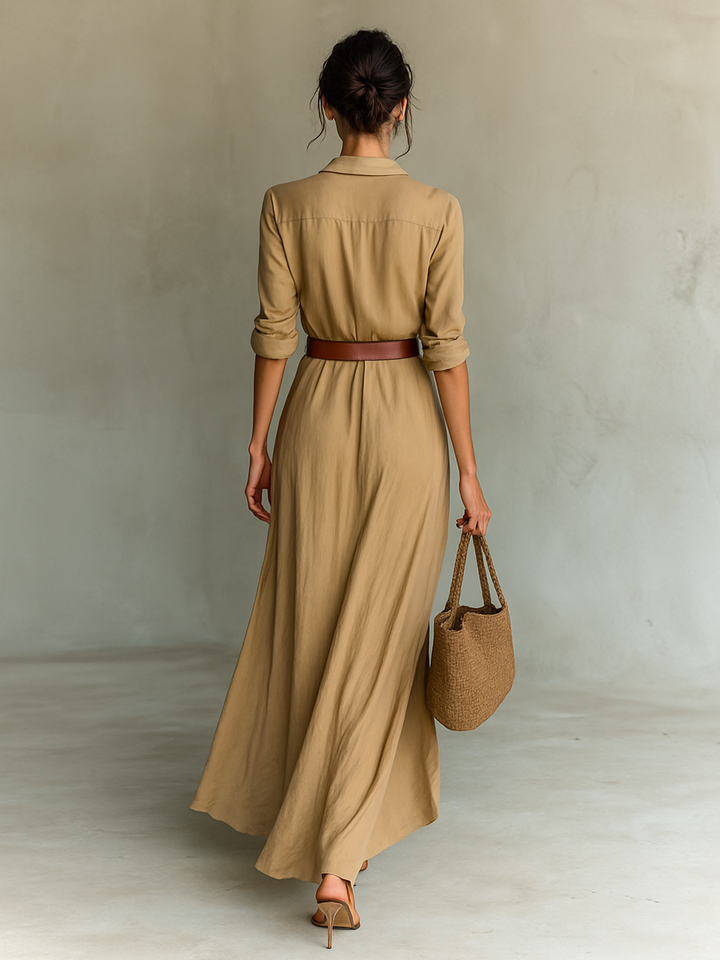 Robe Longue à Col Cranté et Manches Longues pour Femme
