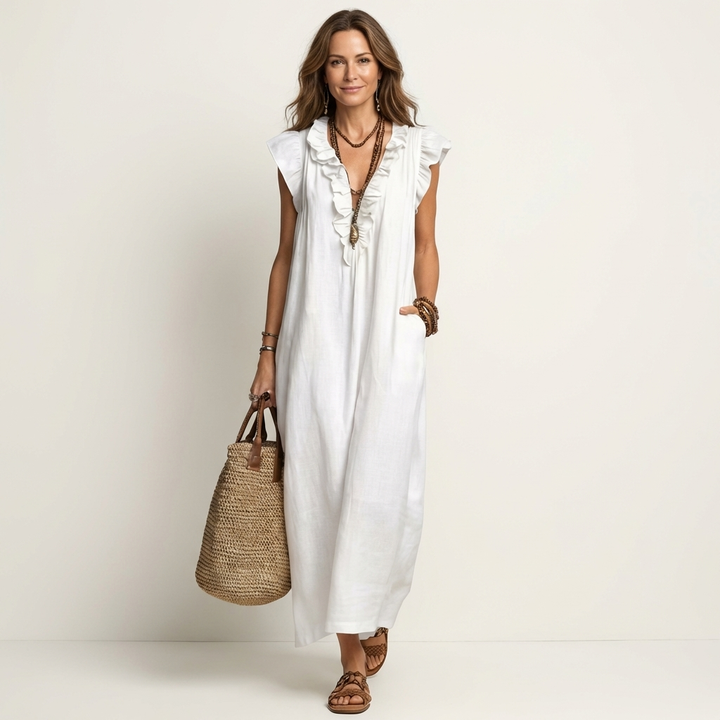 Josette | Robe Maxi en Lin Col en V à Volants