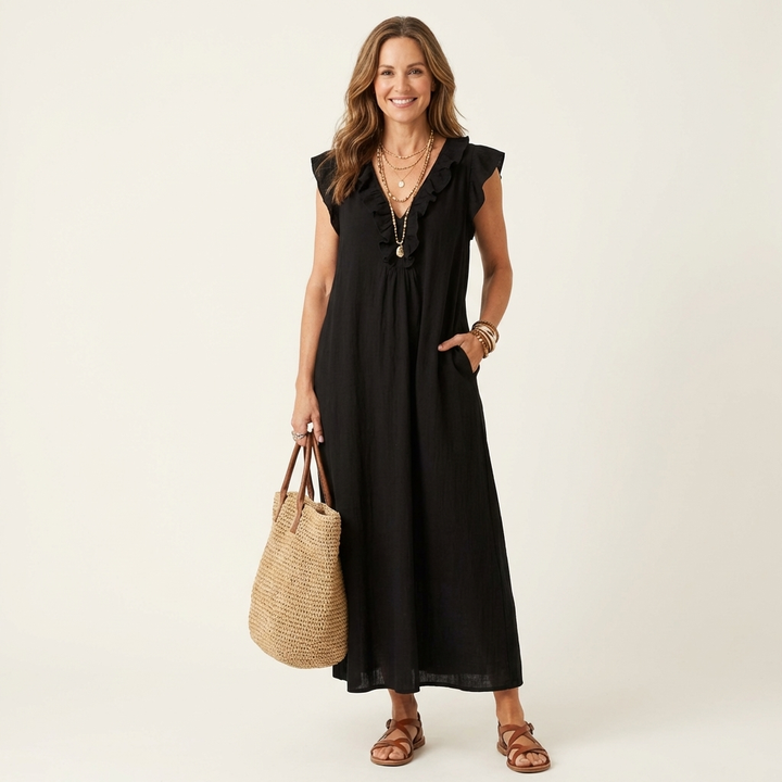 Josette | Robe Maxi en Lin Col en V à Volants