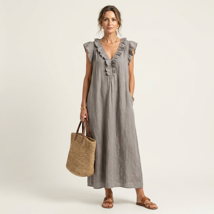 Josephine | Robe Longue en Lin à Volants et Encolure en V