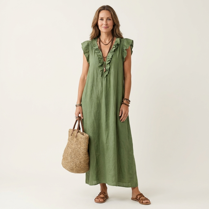 Josette | Robe Maxi en Lin Col en V à Volants