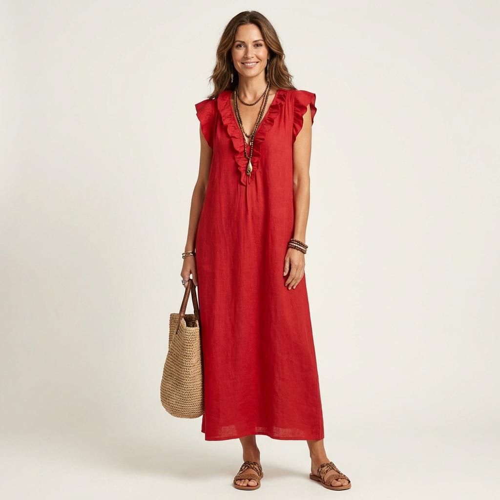 Josephine | Robe Longue en Lin à Volants et Encolure en V