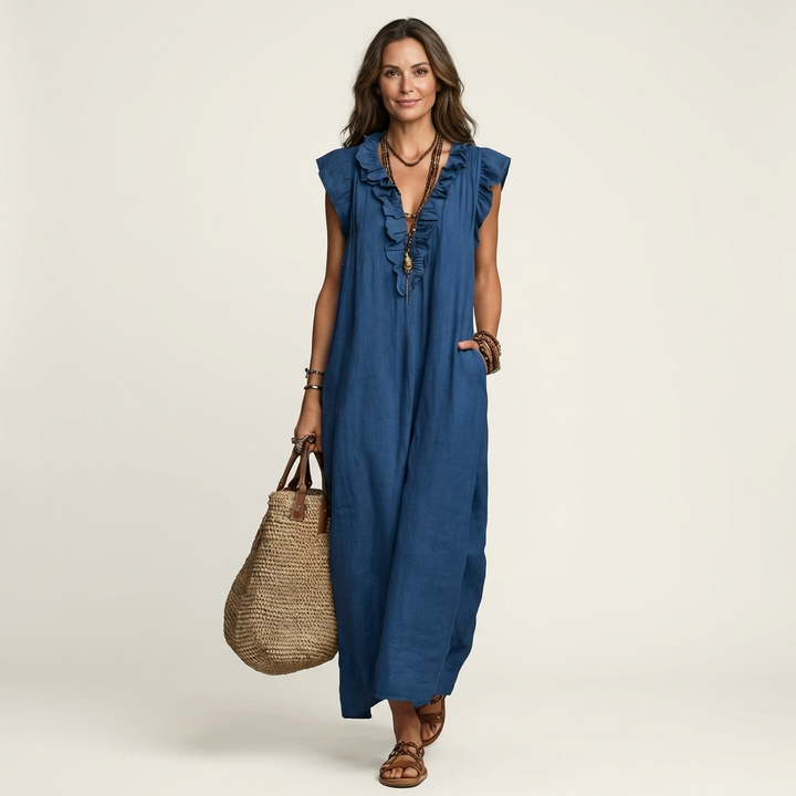 Josette | Robe Maxi en Lin Col en V à Volants