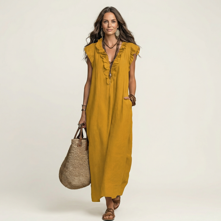 Josephine | Robe Longue en Lin à Volants et Encolure en V