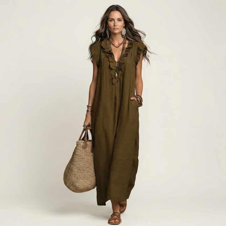 Josette | Robe Maxi en Lin Col en V à Volants