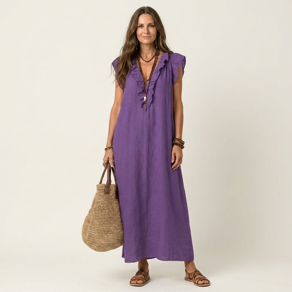 Josephine | Robe Longue en Lin à Volants et Encolure en V