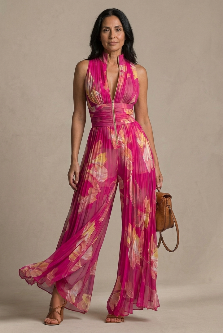 Nicole | Combinaison en mousseline plissée à imprimé floral fuchsia