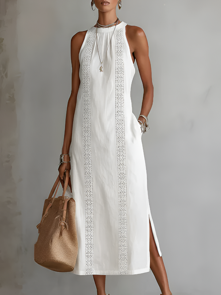 Jimena | Robe Midi Brodée Col Mao Décontractée