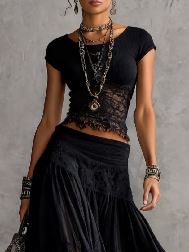 Ensemble haut en dentelle transparente et jupe longue plissée Noir