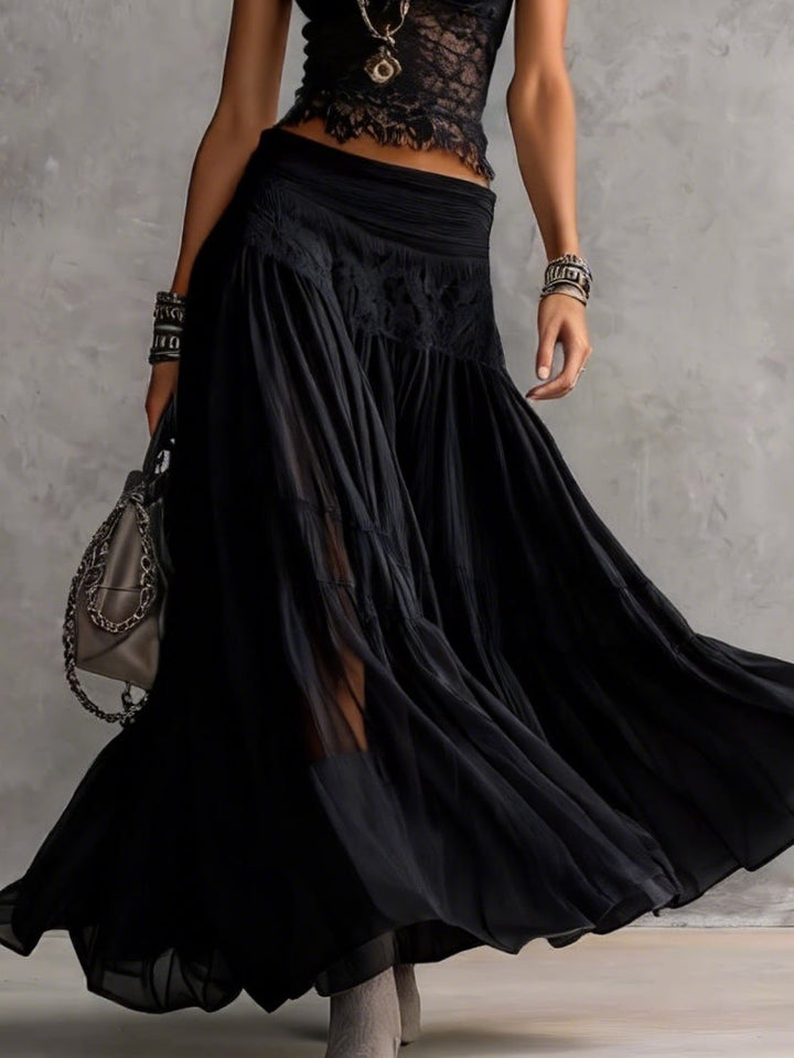 Ensemble haut en dentelle transparente et jupe longue plissée Noir