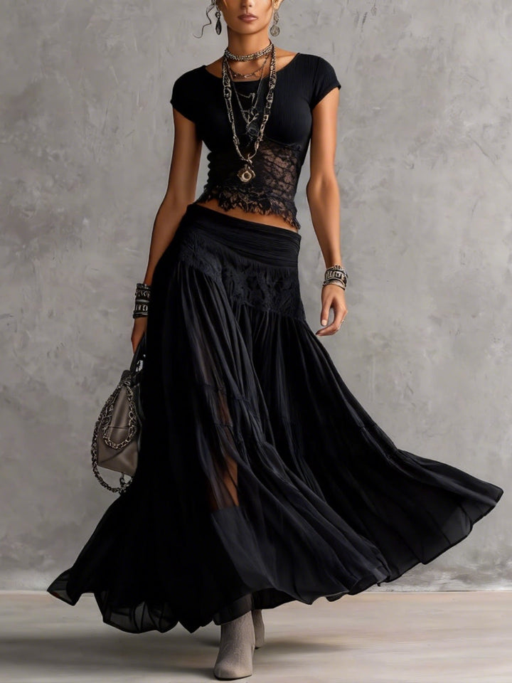Ensemble haut en dentelle transparente et jupe longue plissée Noir