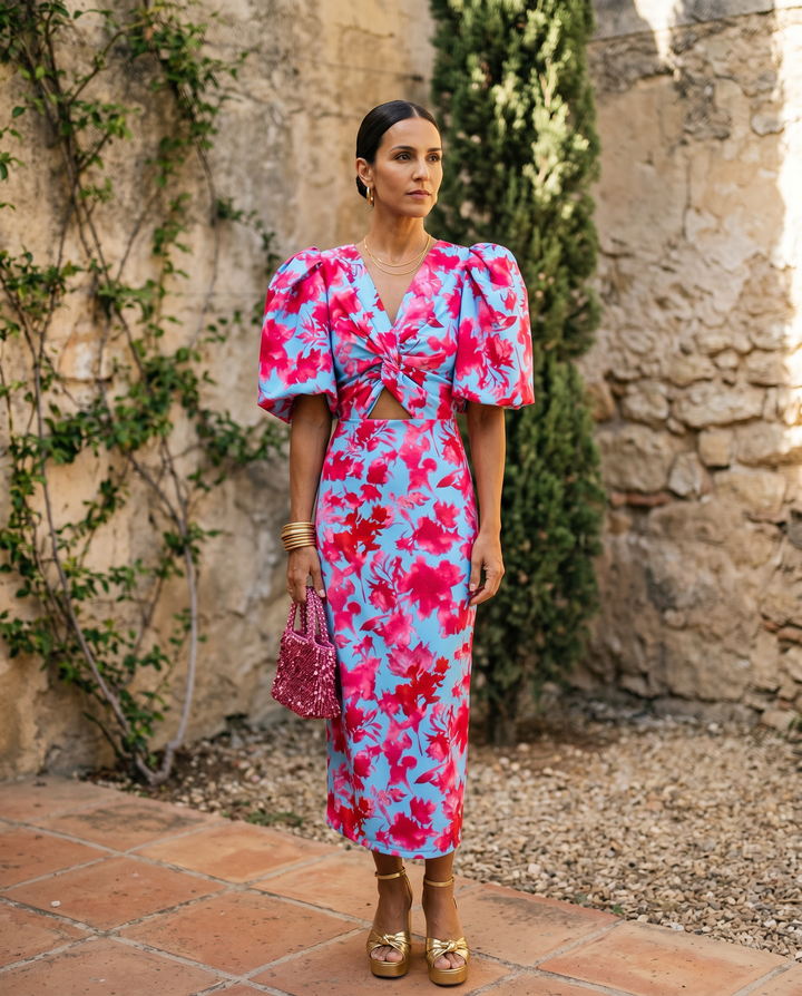 Carla | Robe Midi Imprimée à Manches Bouffantes