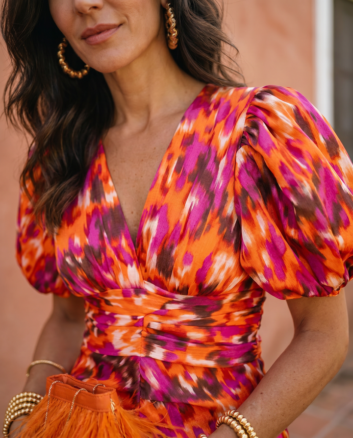 Carla™ | Robe Midi Fleurie à Manches Bouffantes