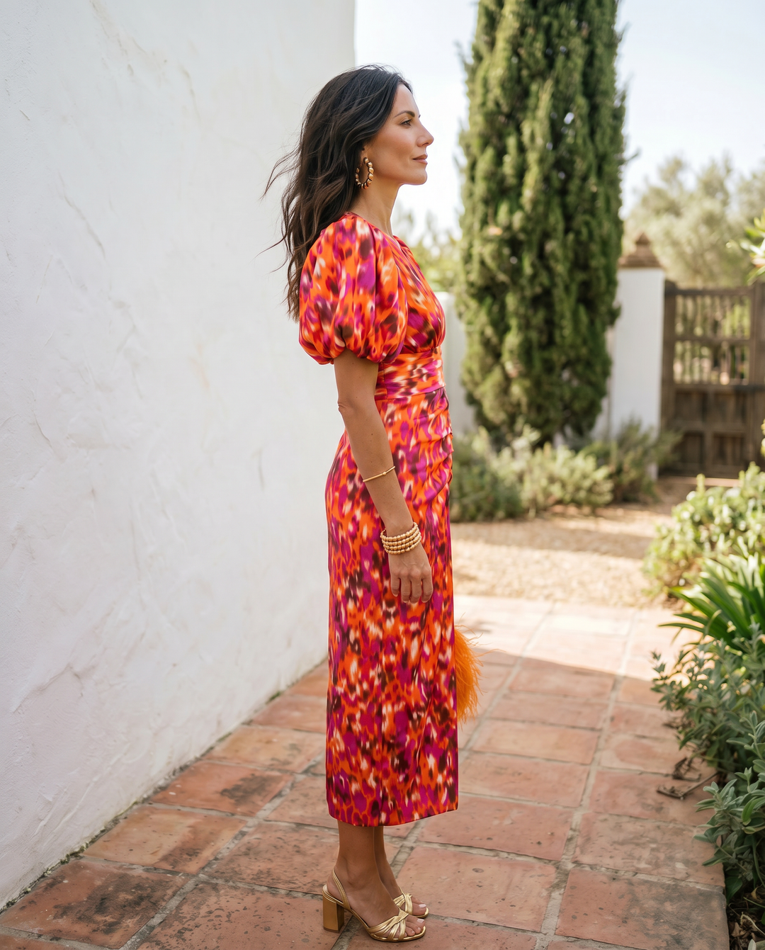 Carla | Robe Midi Imprimée à Manches Bouffantes