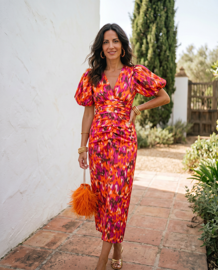 Carla | Robe Midi Imprimée à Manches Bouffantes