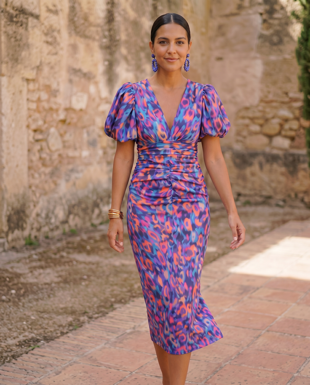 Carla | Robe Midi Imprimée à Manches Bouffantes