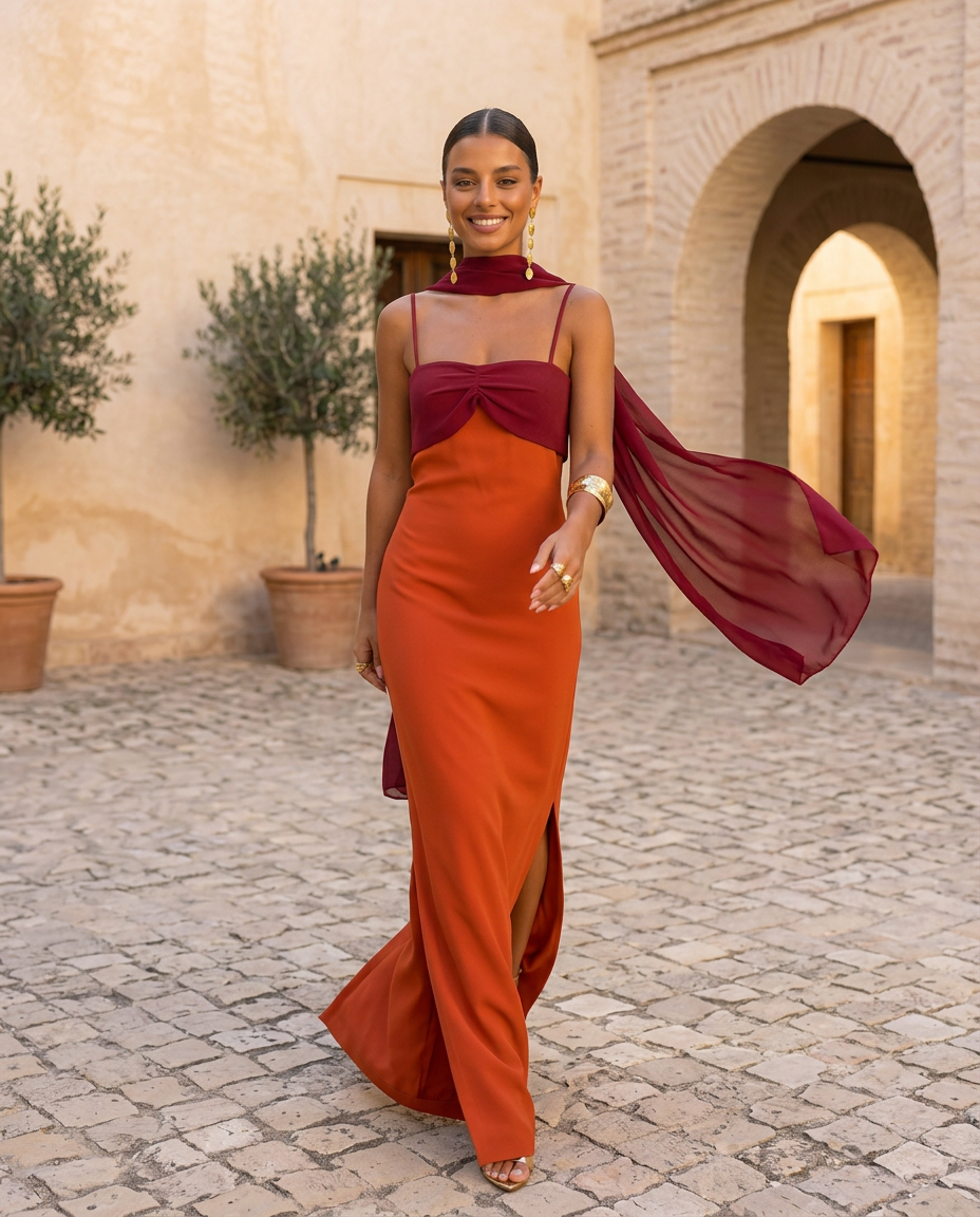 Zahara | Robe orange avec décolleté rouge