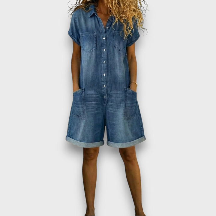 Sofía - Salopette courte vintage en coton au look denim