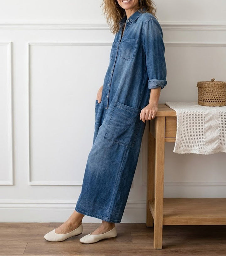 Diana | Combinaison Vintage en Denim Coton Doux Délavé à Boutons