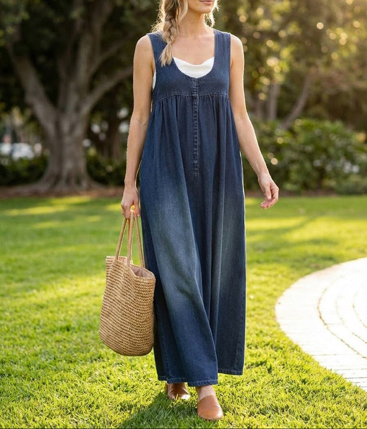 Karen | Robe Longue en Denim Délavé Vintage Touche Coton Doux