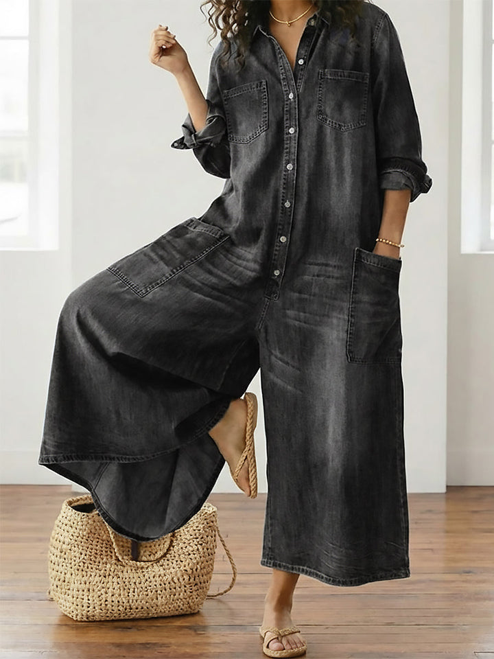 Diana | Combinaison Vintage en Denim Coton Doux Délavé à Boutons