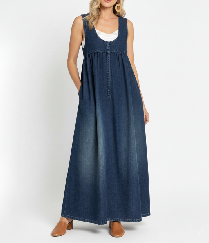 Karen | Robe Longue en Denim Délavé Vintage Touche Coton Doux
