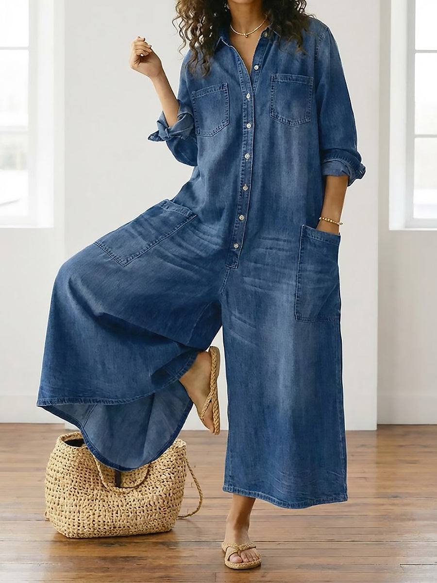 Diana | Combinaison Vintage en Denim Coton Doux Délavé à Boutons