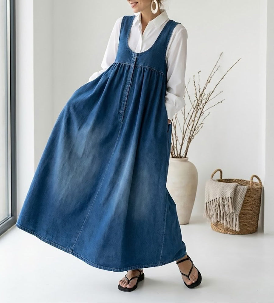 Karen | Robe Longue en Denim Délavé Vintage Touche Coton Doux