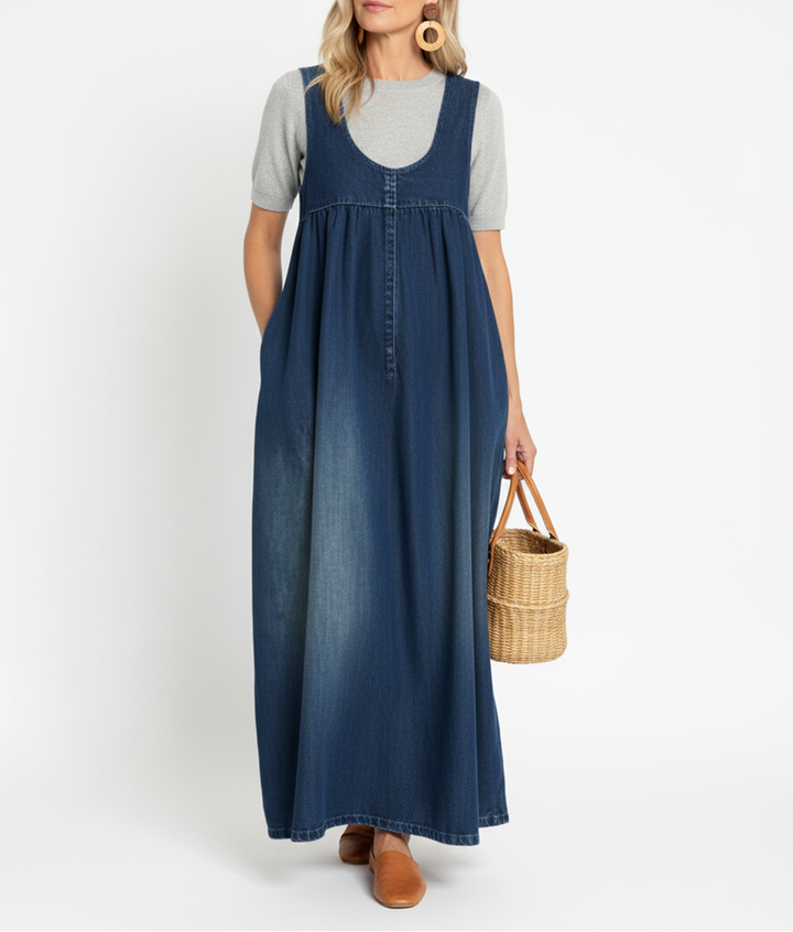 Karen | Robe Longue en Denim Délavé Vintage Touche Coton Doux