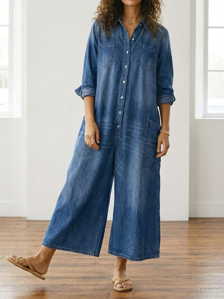 Diana | Combinaison Vintage en Denim Coton Doux Délavé à Boutons