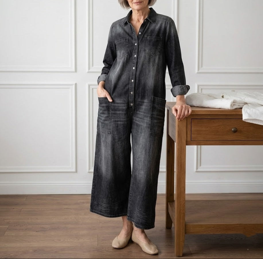 Diana | Combinaison Vintage en Denim Coton Doux Délavé à Boutons