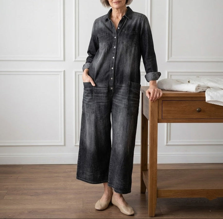 Diana | Combinaison Vintage en Denim Coton Doux Délavé à Boutons