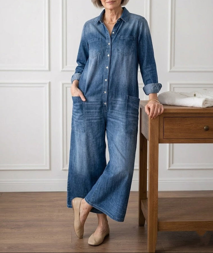 Diana | Combinaison Vintage en Denim Coton Doux Délavé à Boutons