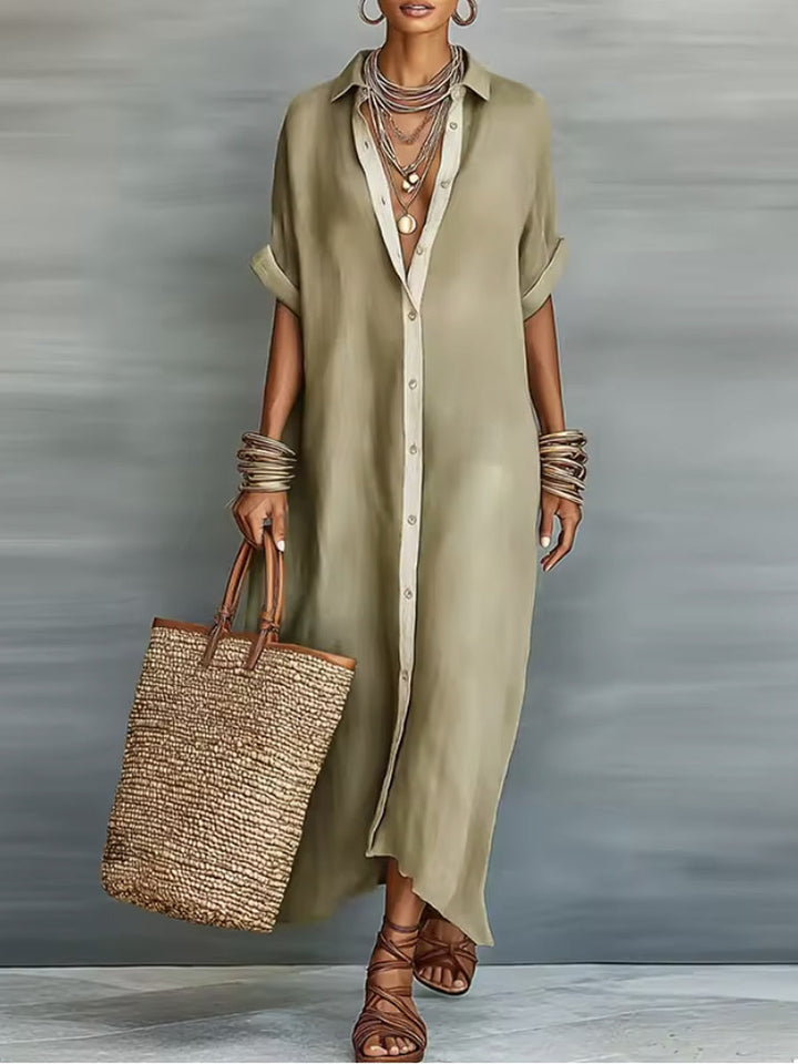 Manelle | Longue Robe Vert Olive aux Lignes Minimalistes